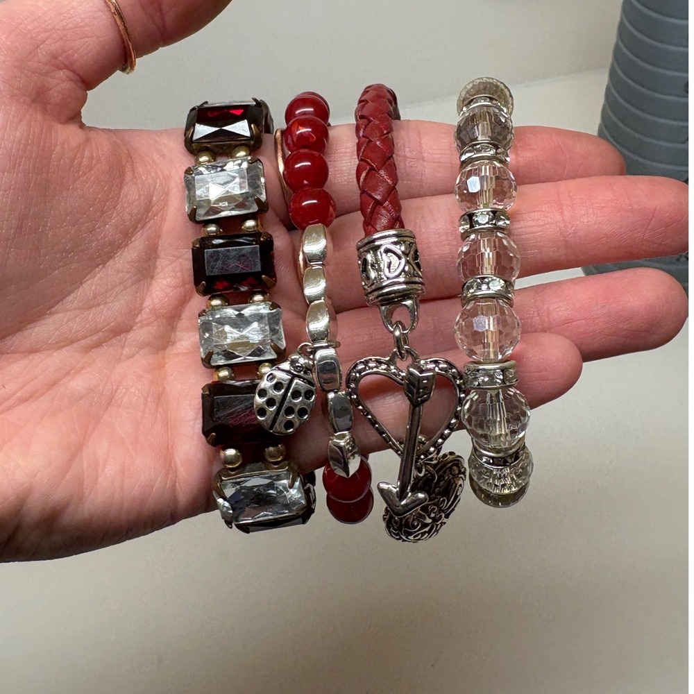 Red Silver Crystal Beaded Bracelet Set 4pc Heart Ladybug Leather